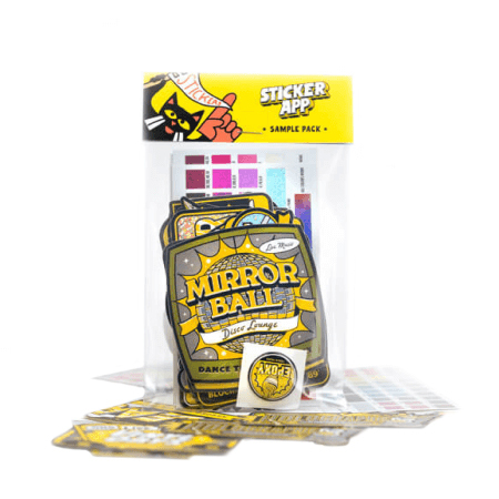 Sticker sample pack featuring various designs, including a prominent "Mirror Ball" sticker, displayed in a clear plastic bag.