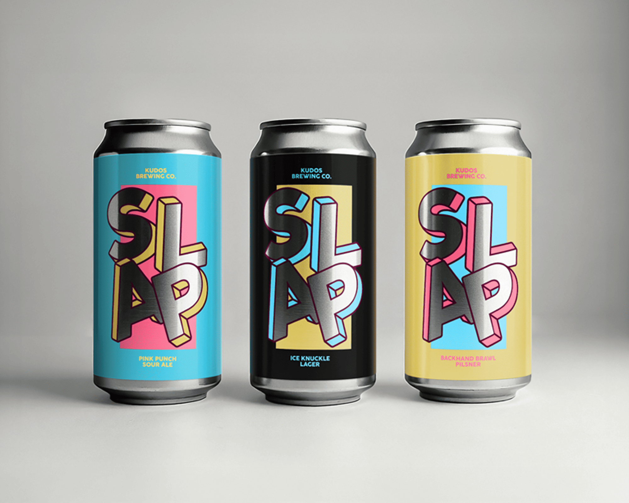 Three colorful beer cans with bold "SLAP" clear label: pink punch sour ale, ice knuckle lager, and backyard brutal pale ale.